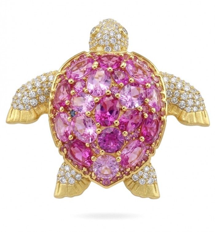 Pink Turtle Authentic 14.2 carat Pink Tourmaline 18K Gold over .925 Sterling Silver handcrafted Statement Pendant Brooch