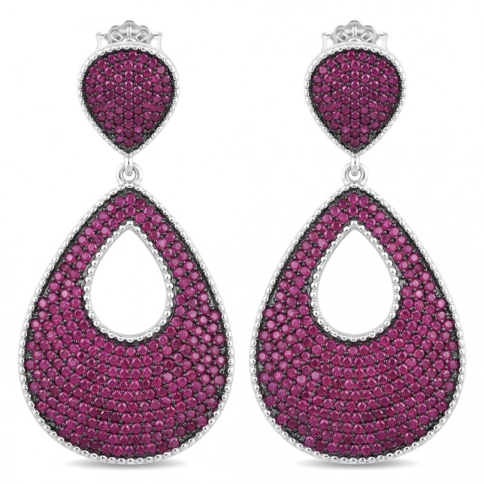 Bella Rossa - 2.5 carat pave Mozambique Ruby .925 Sterling Silver dipped in Rhodium handcrafted earrings