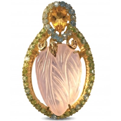 Vintage Floral design genuine 41.5 carat carved Brazilian Rose Quartz 18k Gold over .925 Sterling Silver handmade Pendant - Brooch