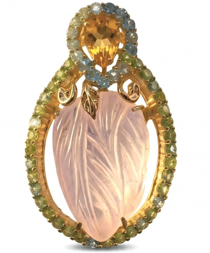 Vintage Floral design genuine 41.5 carat carved Brazilian Rose Quartz 18k Gold over .925 Sterling Silver handmade Pendant - Brooch