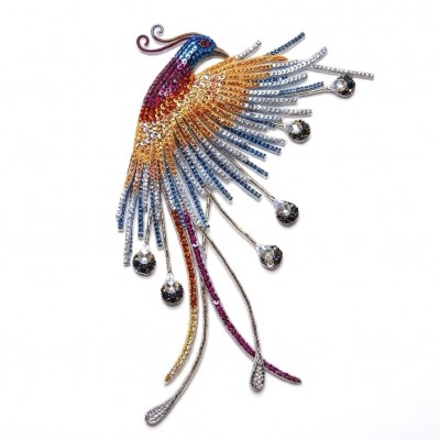 Large Precious Phoenix Natural 10.8 carat PAVE Multigem Rhodium over .925 Sterling Silver handcrafted Brooch