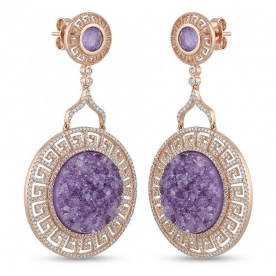 Divine Protection 12.9 carat natural Fancy crashed Amethyst 18K Rose Gold over .925 Sterling Silver Handcrafted earrings