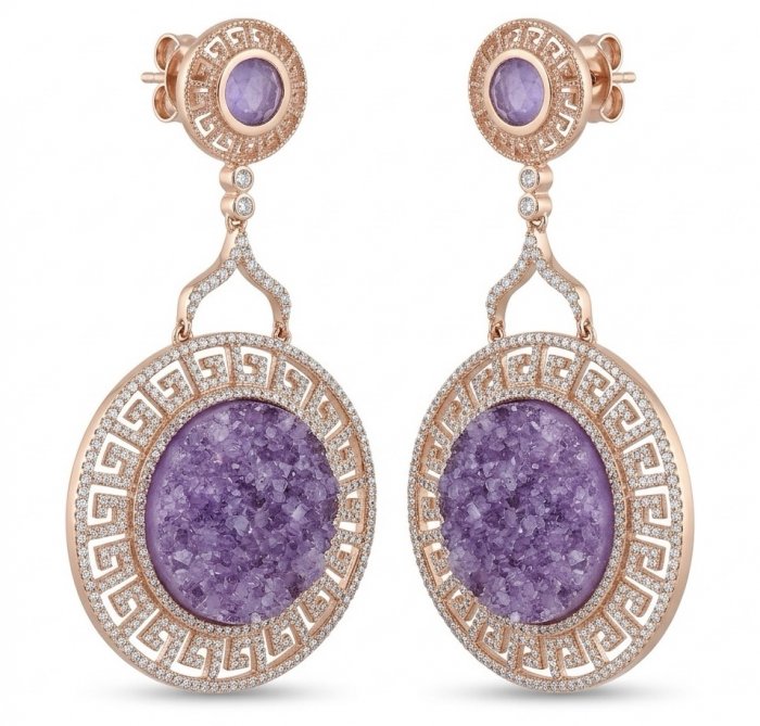 Divine Protection 12.9 carat natural Fancy crashed Amethyst 18K Rose Gold over .925 Sterling Silver Handcrafted earrings - video