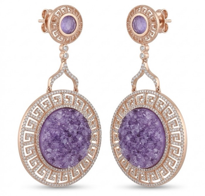 Divine Protection 12.9 carat natural Fancy crashed Amethyst 18K Rose Gold over .925 Sterling Silver Handcrafted earrings