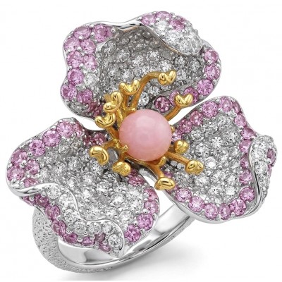 Rose Authentic 2.5 carat Pink Opal 4.9 carat pave MOISSANITE .925 Sterling Silver brilliantly dipped in rhodium 2 tones handcrafted Statement ring; s. 7