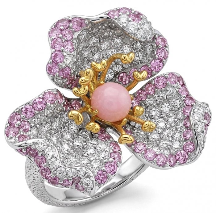 Rose Authentic 2.5 carat Pink Opal 4.9 carat pave MOISSANITE .925 Sterling Silver brilliantly dipped in rhodium 2 tones handcrafted Statement ring; s. 7 - video