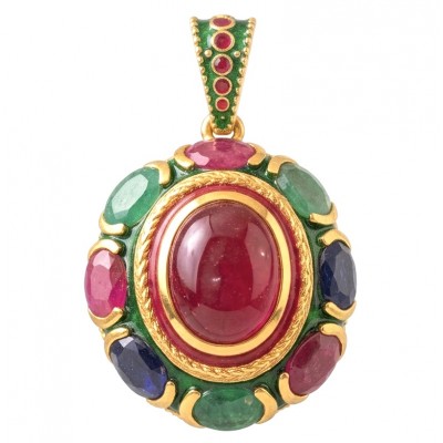Giovanna 20.5 carat Emerald Ruby Sapphire 22k Gold over .925 Sterling Silver handcrafted Pendant