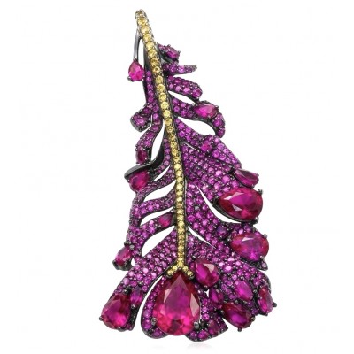 Magic Red Feather Large 10.8 carats Ruby .925 Sterling Silver DIPPED IN RHODIUM handmade Pendant - Brooch
