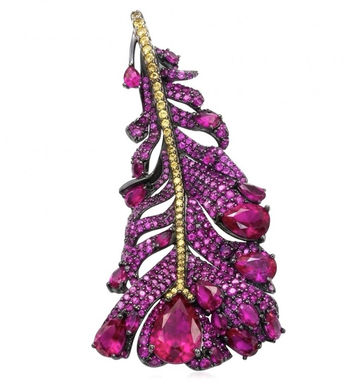 Magic Red Feather Large 10.8 carats Ruby .925 Sterling Silver DIPPED IN RHODIUM handmade Pendant - Brooch