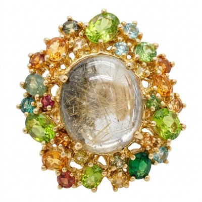 Giant! - The best quality genuine 26.5 carat Phantom Quartz 18K Gold over .925 Sterling Silver handmade Statement Ring s. 6