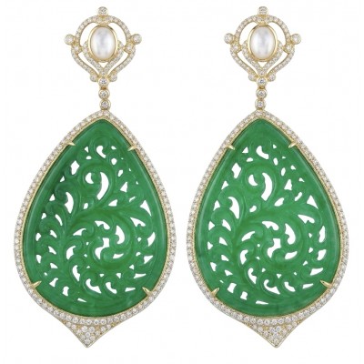 Enchanted Beauty 10.5 carat authentic Jade 14K Gold over .925 Sterling Silver handcrafted Long Statement earrings