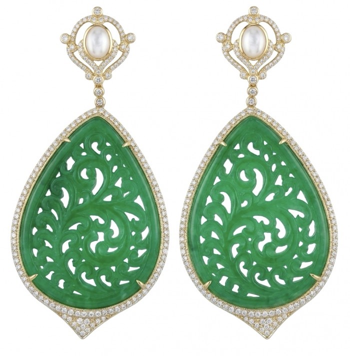 Enchanted Beauty 10.5 carat authentic Jade 14K Gold over .925 Sterling Silver handcrafted Long Statement earrings