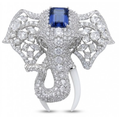 Attract YOUR Luck - ELEPHANT- 5.2 CARAT Sapphire .925 Sterling Silver dipped in rhodium handcrafted Pendant Brooch