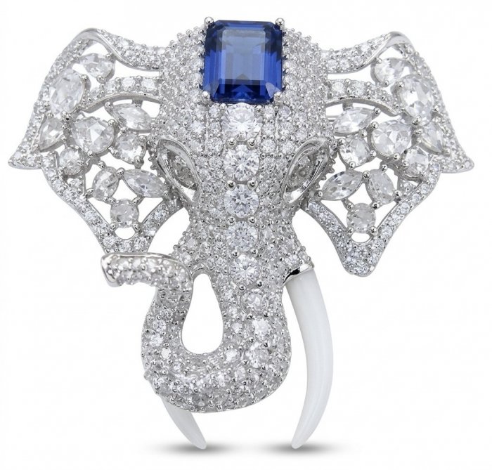 Attract YOUR Luck - ELEPHANT- 5.2 CARAT Sapphire .925 Sterling Silver dipped in rhodium handcrafted Pendant Brooch - video