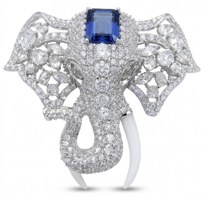 Attract YOUR Luck - ELEPHANT- 5.2 CARAT Sapphire .925 Sterling Silver dipped in rhodium handcrafted Pendant Brooch