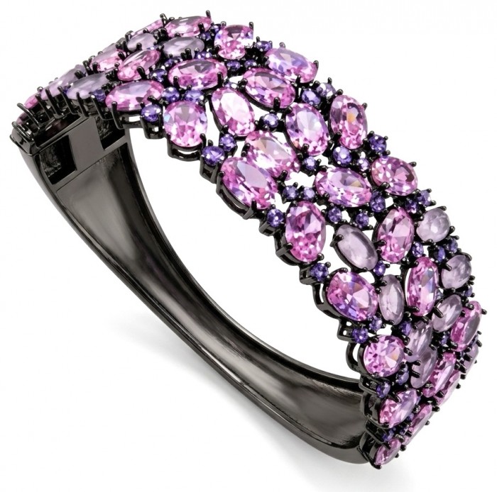 Luxurious 45.4 carat Pink Sapphire 1.8 carat Tanzanite 8.2 carat Rose Quartz black rhodium over .925 Sterling Silver handcrafted Bracelet
