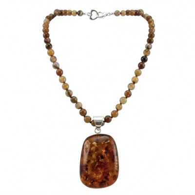 Rare- vintage Style- natural Baltic Amber genuine Botswana Agate .925 Sterling Silver handcrafted LARGE necklace