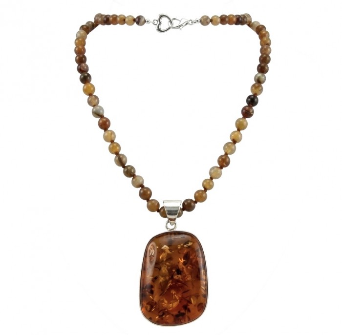 Rare- vintage Style- natural Baltic Amber genuine Botswana Agate .925 Sterling Silver handcrafted LARGE necklace