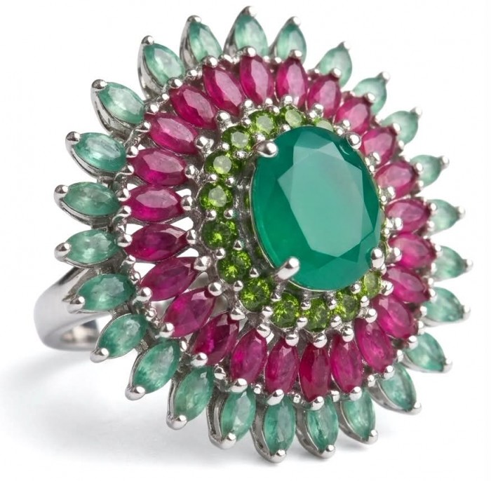 Giovanna 4.5 carat Emerald 2.7 carat Ruby rhodium over .925 Sterling Silver handcrafted ring size 9