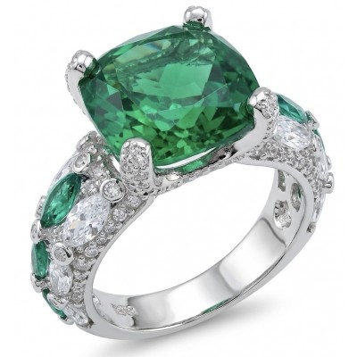 Isabella 8.2 carat Colombian Emerald .925 Sterling Silver dipped in Rhodium handcrafted Ring size 8