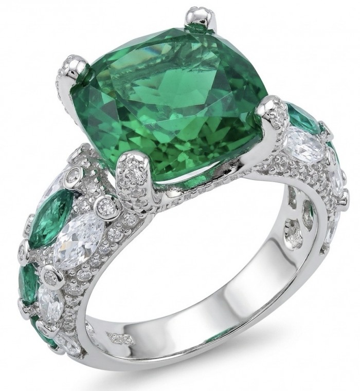 Isabella 8.2 carat Colombian Emerald .925 Sterling Silver dipped in Rhodium handcrafted Ring size 8