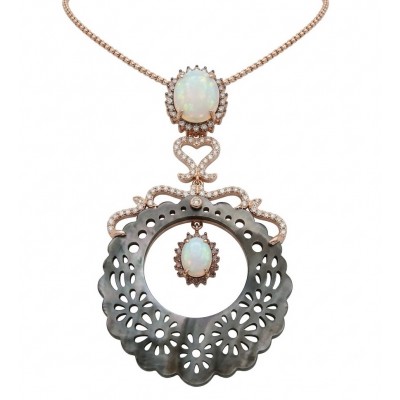 Love is Forever - Vintage style Beauty carved Rainbow Abalone 11.5 carat Fire Opal .925 Sterling Silver dipped in 14K Gold Necklace