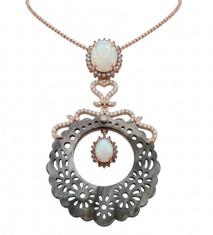 Love is Forever - Vintage style Beauty carved Rainbow Abalone 11.5 carat Fire Opal .925 Sterling Silver dipped in 14K Gold Necklace