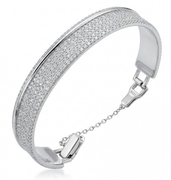 Priscilla 1.9 carat pave White Topaz rhodium over .925 Sterling Silver Bangle highly polished bracelet
