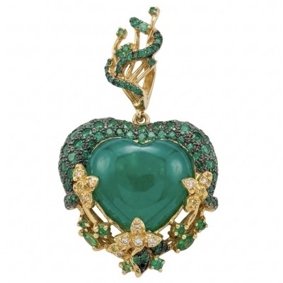 Power of Nature Unique 27.5 CARAT Green Jade 1.8 carat pave Emerald 18K Gold over .925 Sterling Silver handcrafted pendant