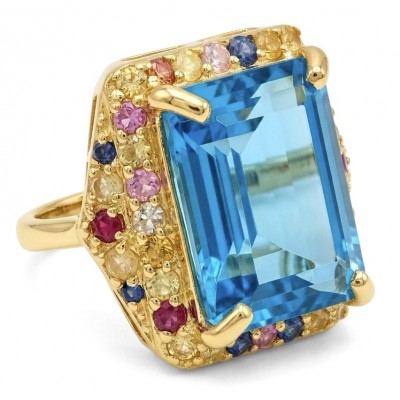 The Ocean Empress baquette 14.8 carat Swiss Blue Topaz 0.2 carat Sapphire 22K Gold over .925 Sterling Silver dipped in rhodium handcrafted ring size 7