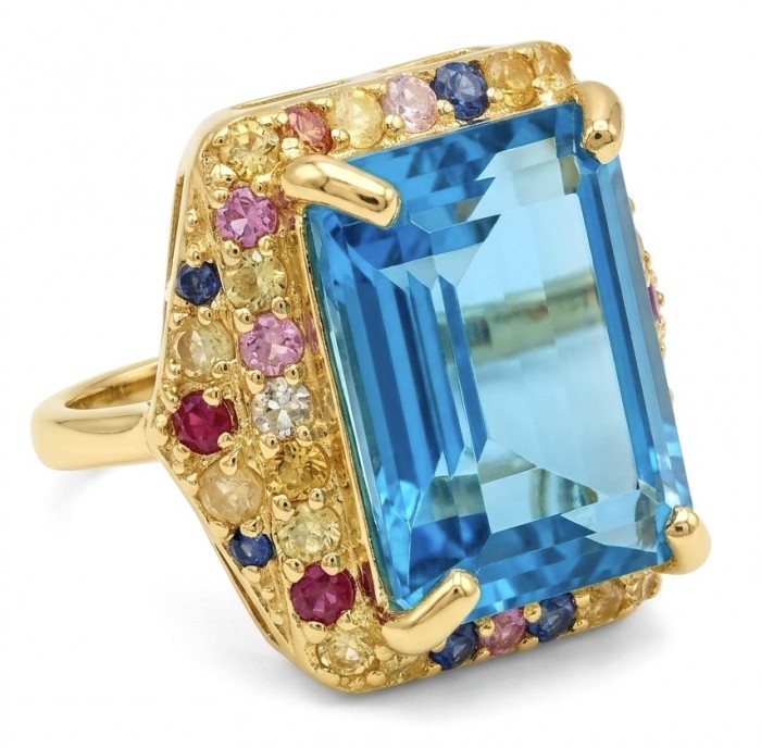 The Ocean Empress baquette 14.8 carat Swiss Blue Topaz 0.2 carat Sapphire 22K Gold over .925 Sterling Silver dipped in rhodium handcrafted ring size 7