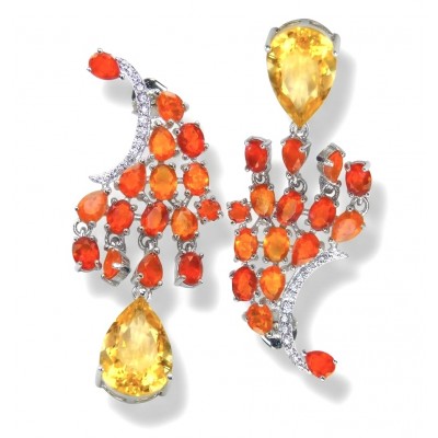 Valentina 3.9 carat Natural Fire Opal 4.9 carat Citrine rhodium over .925 Sterling Silver handcrafted earrings