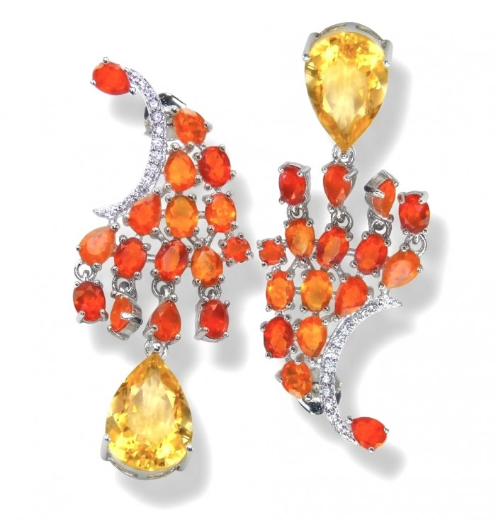 Valentina 3.9 carat Natural Fire Opal 4.9 carat Citrine rhodium over .925 Sterling Silver handcrafted earrings