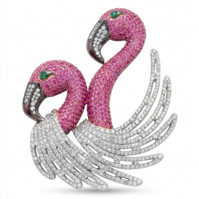 Pink Flamingo 5.7 pave Mozambique Ruby 1.8 carat Moissanite 0.4 carat Emerald .925 Sterling Silver dipped in rhodium handmade Brooch