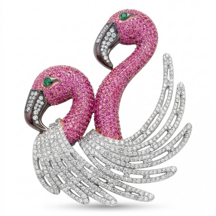 Pink Flamingo 5.7 pave Mozambique Ruby 1.8 carat Moissanite 0.4 carat Emerald .925 Sterling Silver dipped in rhodium handmade Brooch - video