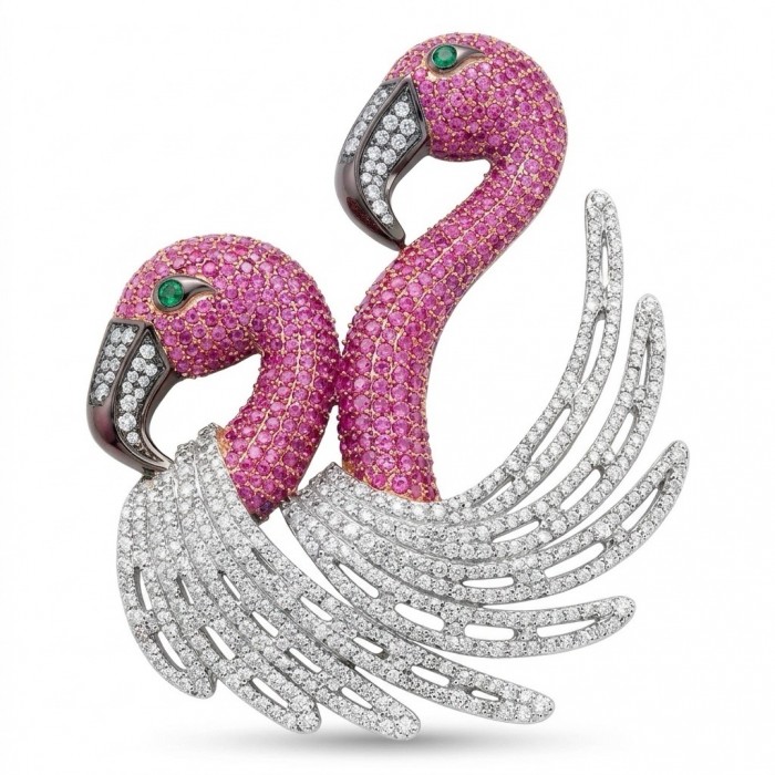 Pink Flamingo 5.7 pave Mozambique Ruby 1.8 carat Moissanite 0.4 carat Emerald .925 Sterling Silver dipped in rhodium handmade Brooch