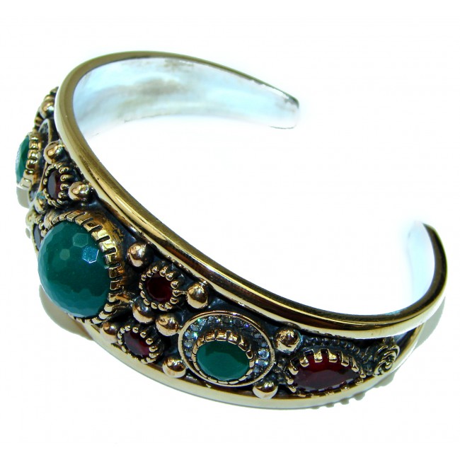 Victorian Style Created Emerald & White Topaz Sterling Silver Bracelet / Cuff