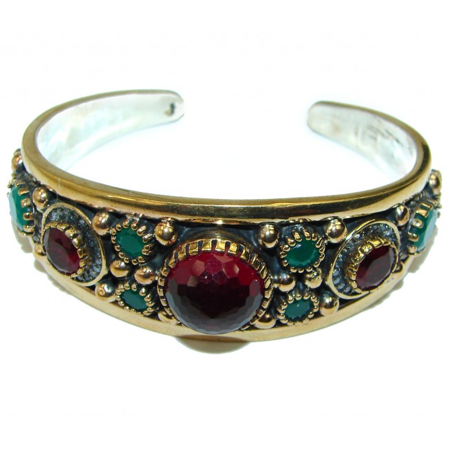 Victorian Style Created Ruby & White Topaz Sterling Silver Bracelet / Cuff