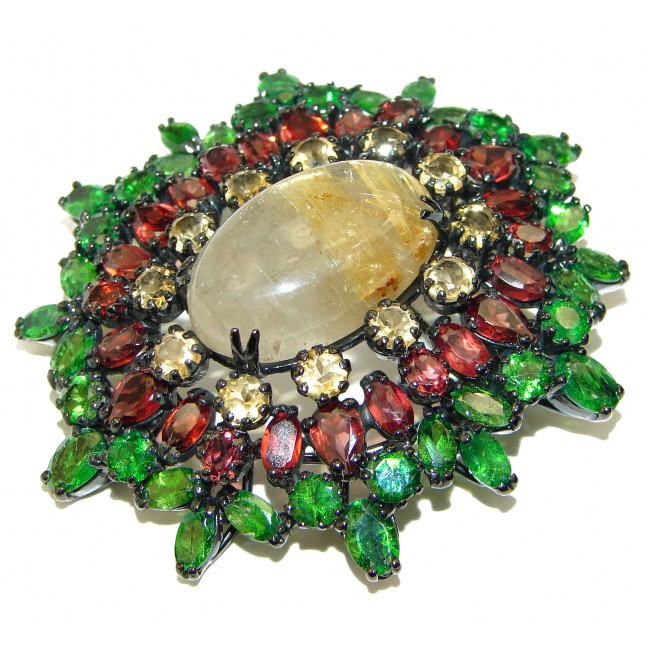 Genuine Golden Rutilated Quartz black rhodium over .925 Sterling Silver handmade Pendant - Brooch - photo 2