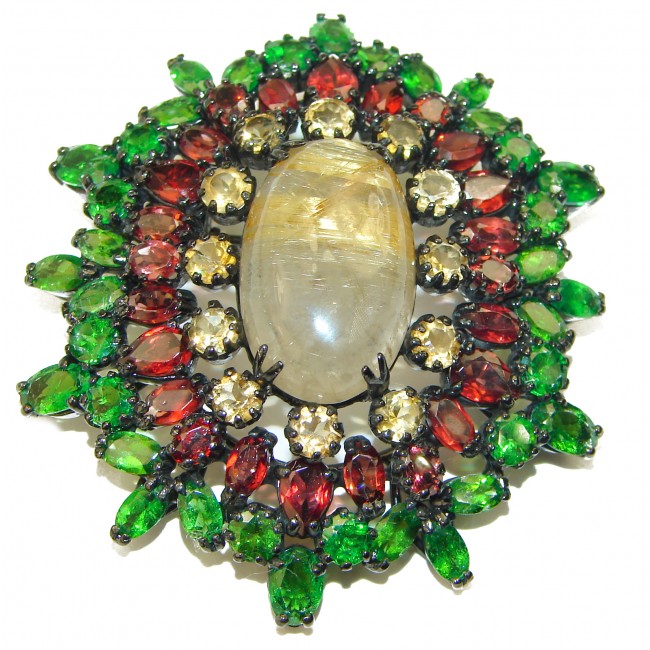 Genuine Golden Rutilated Quartz black rhodium over .925 Sterling Silver handmade Pendant - Brooch - photo 1