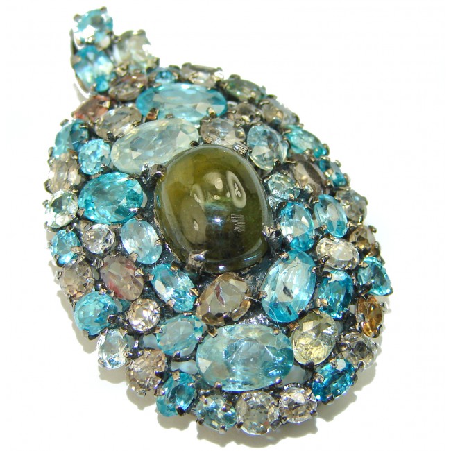 Genuine Green Tourmaline Aquamarine .925 Sterling Silver handmade Pendant - Brooch