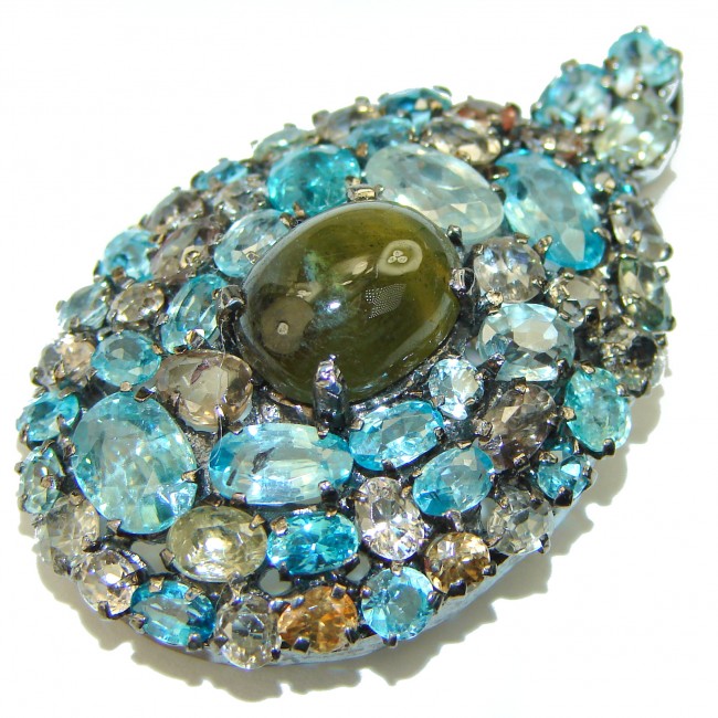 Genuine Green Tourmaline Aquamarine .925 Sterling Silver handmade Pendant - Brooch