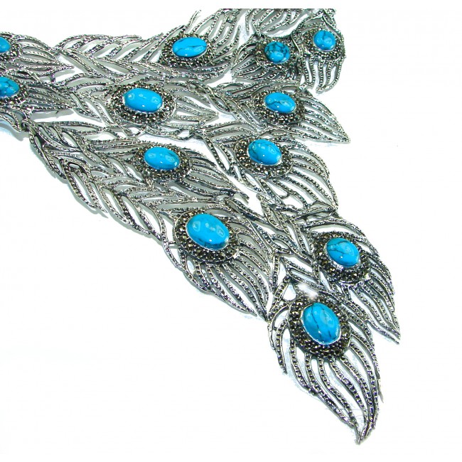 HUGE 102.9 grams Peacock Feather design genuine Turquoise .925 Sterling Silver handcrafted Necklace