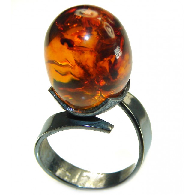 Authentic Baltic Amber black rhodium over .925 Sterling Silver handcrafted ring; s. 8 3/4 - photo 1