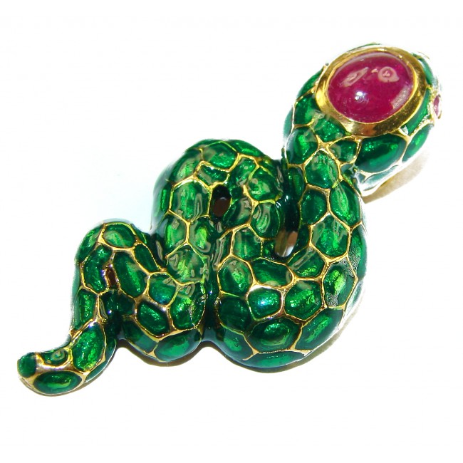 INCREDIBLE Natural Ruby Enamel Snake 14K Gold over .925 Sterling Silver Pendant