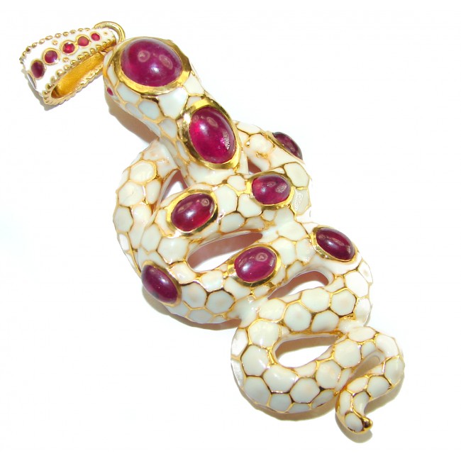 INCREDIBLE Natural Ruby Enamel Snake 14K Gold over .925 Sterling Silver Pendant