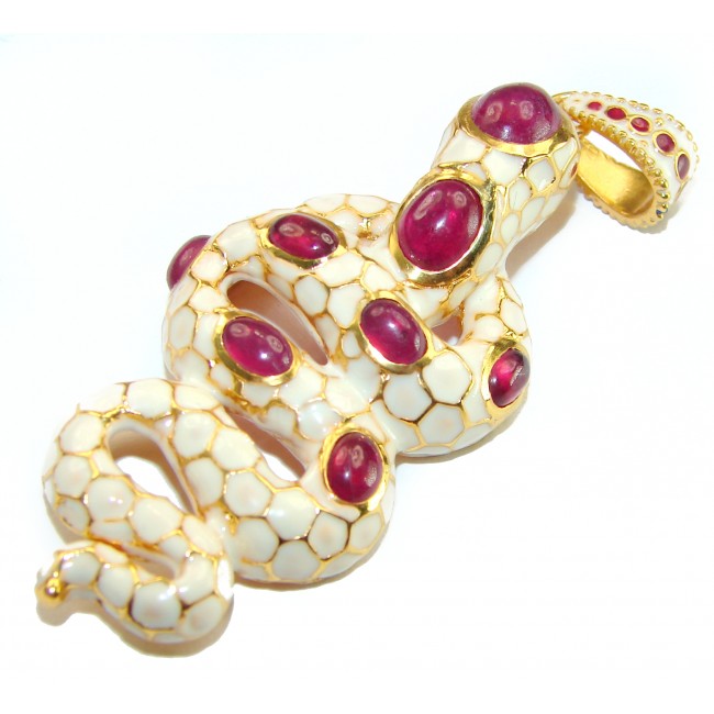 INCREDIBLE Natural Ruby Enamel Snake 14K Gold over .925 Sterling Silver Pendant