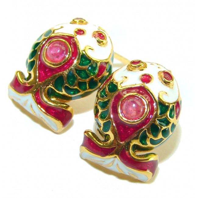 Cute Fishes Genuine Enamel 14K Gold over .925 Sterling Silver handcrafted Earrings