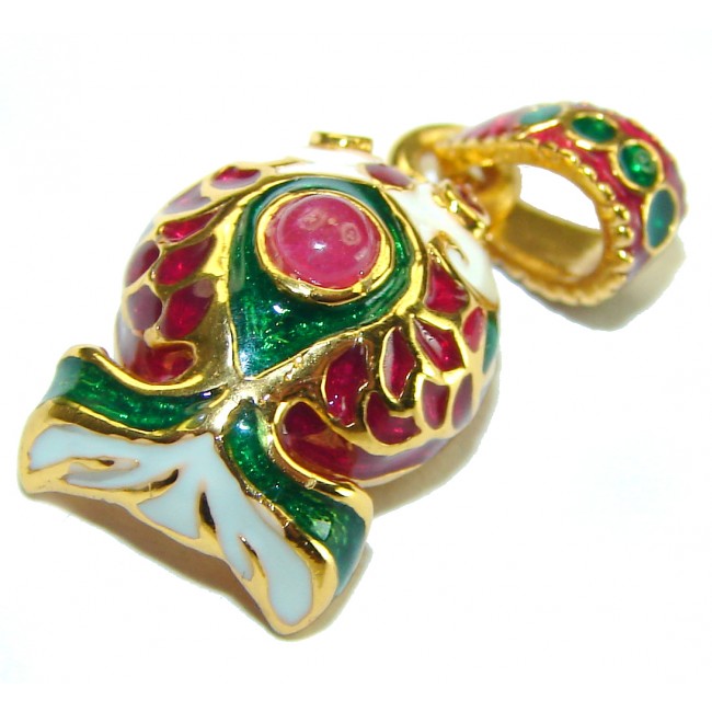 Cute Fish Natural Ruby Enamel 14K Gold over .925 Sterling Silver Pendant
