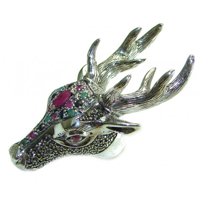 Large Deer Head Authentic Ruby .925 Sterling Silver handmade Ring size 7 - photo 5